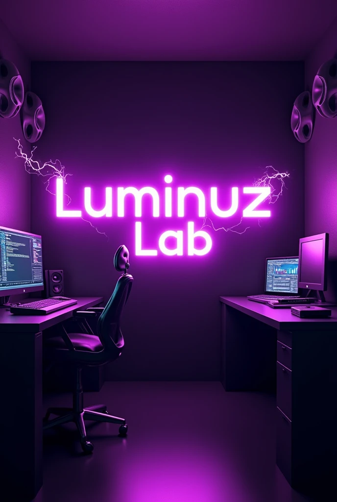 Crie uma logo, futuristic looking background, a closed room with lots of purple lights, yellow and blue. Black and detailed furniture and electronics. Electrical energy running through furniture and electronics in a subtle way, circulating the environment.
White speakers in each upper corner of the walls. Music production studio environment.
In the center of the image, The title "LUMINUZ LAB." In dark neon purple color. A font that inspires movement and fun. Fagulhas de eletricidade ao redor dThe title.