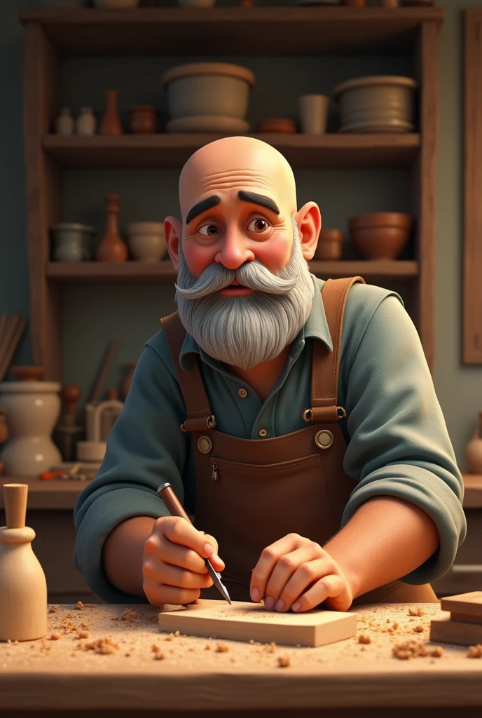 Animated 40 year old bald man with black eyebrows and gray beard doing crafts with wood