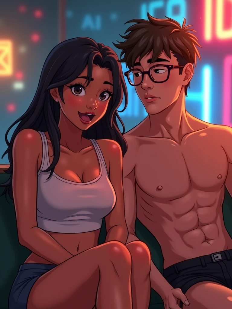 A muscular 18-year-old woman in a tank top sits cross-legged、I can see your belly、Sweaty、Animated graphic of a slim, pale 18-year-old man wearing glasses sitting next to him