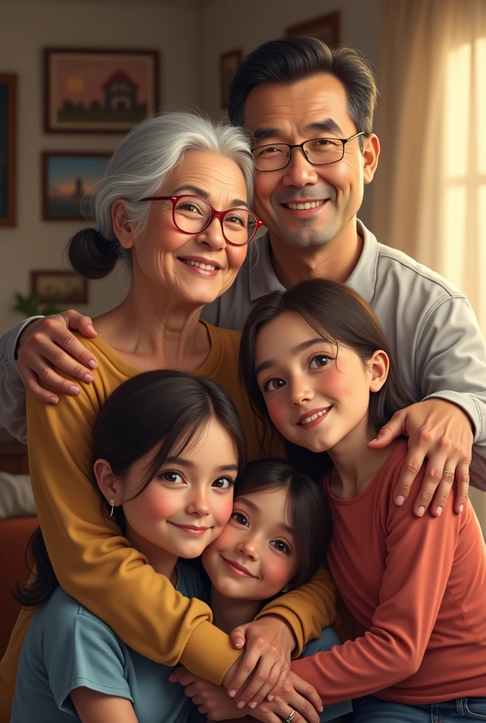 A family consisting of a grandmother, a mother of three daughters, one of whom is a teenager, and a father.