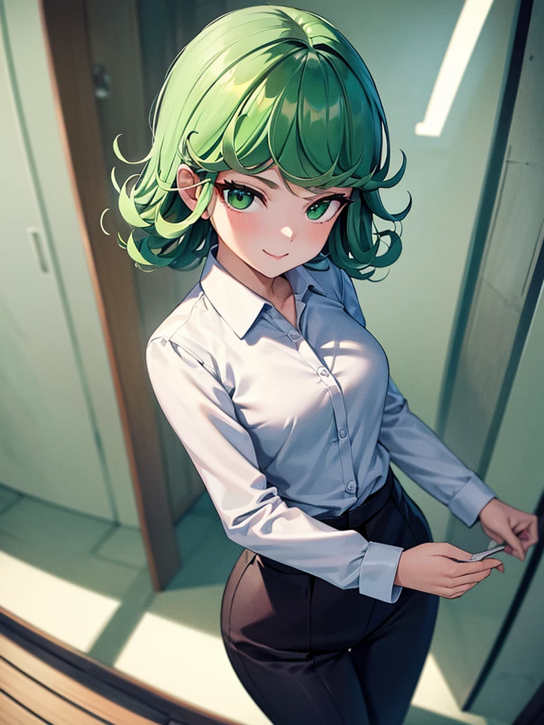 (high res, 8K, masterpiece, looking at viewer, best quality, very aesthetic, ultra detailed, ultra background, ultra Eyes) intricate details, 1girl, Tatsumaki, Wear white long sleeved shirt, long black pants, black loafers, green short hair, green eyes, Smile Face, Facing the camera, Standing in front of the campus, Background Campus, Cinematic Angle