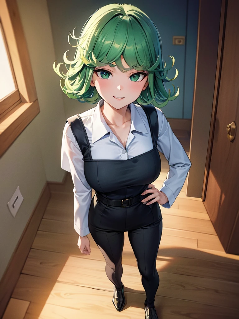 (high res, 8K, masterpiece, looking at viewer, best quality, very aesthetic, ultra detailed, ultra background, ultra Eyes) intricate details, 1girl, Tatsumaki, Wear white long sleeved shirt, long black pants, black loafers, green short hair, green eyes, Smile Face, Facing the camera, Standing in front of the campus, Background Campus, Cinematic Angle