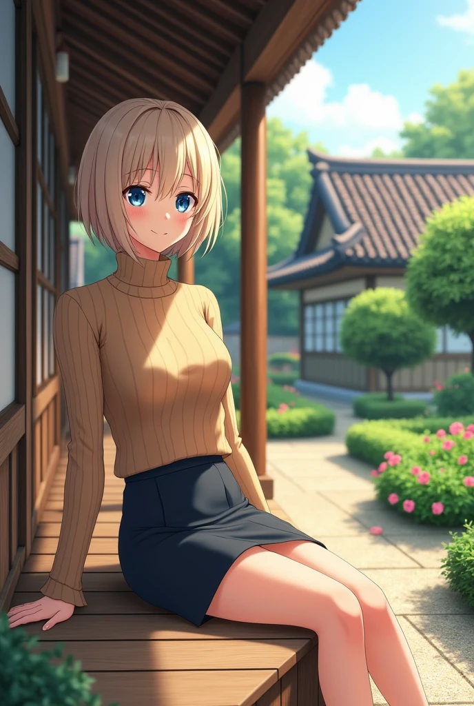 (photorealism:1.2), Anime woman, light blonde, wearing brown turtleneck sweater, wearing pencil skirt, short hairstyle, smiling, blue eyes, grown woman, full body, sitting on the porch, japanese style home, plants in the garden