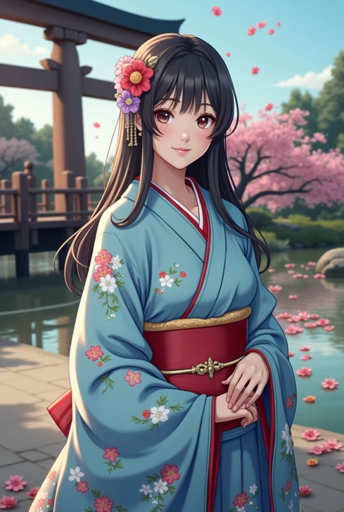 (masterpiece、Highest quality、8k、High resolution)、Traditional Japanese beauty in kimono、(The best girl in anime)、Floral pattern on white background、Vibrant colors、Japanese garden、There is a pond、Colorful flowers、Vibrant colors、Cherry Blossom、There is a drum bridge、A complete portrayal、Detailed anime art、