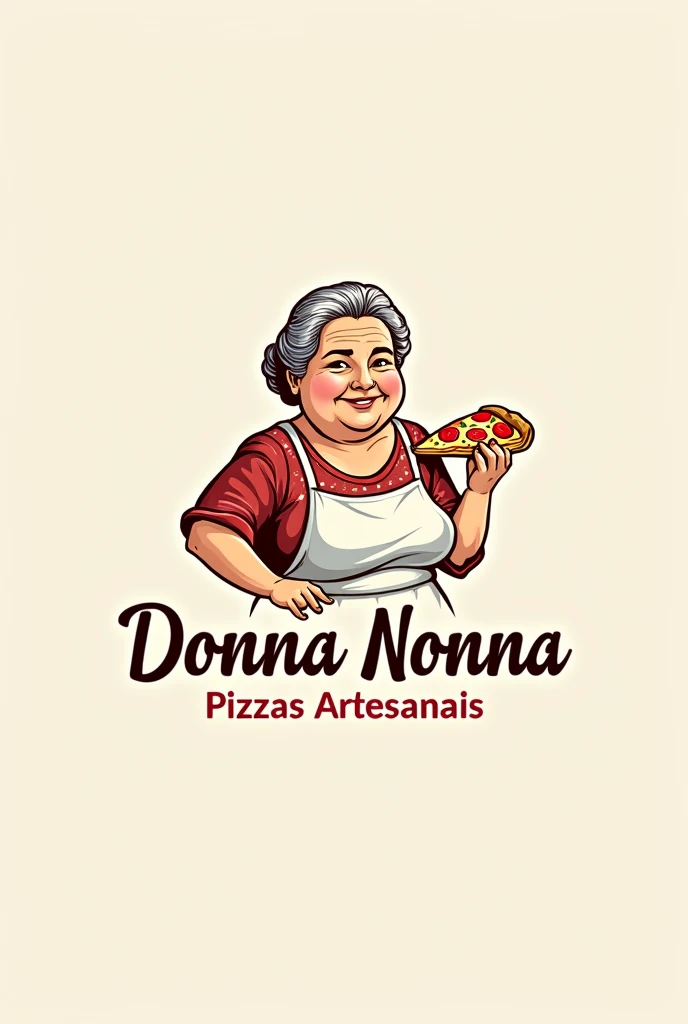 Create a logo for a pizzeria that serves classic Italian pizzas called Donna Nonna. Which also contains a stylized drawing of an older, slightly overweight Italian lady. And below the brand the words pizzas artesanais