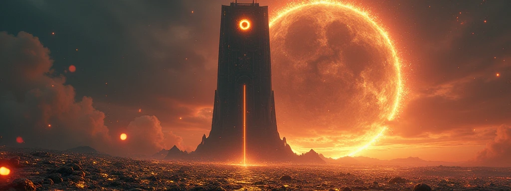 The tower of the eye of Sauron and in the distance gold bars, neon colors
