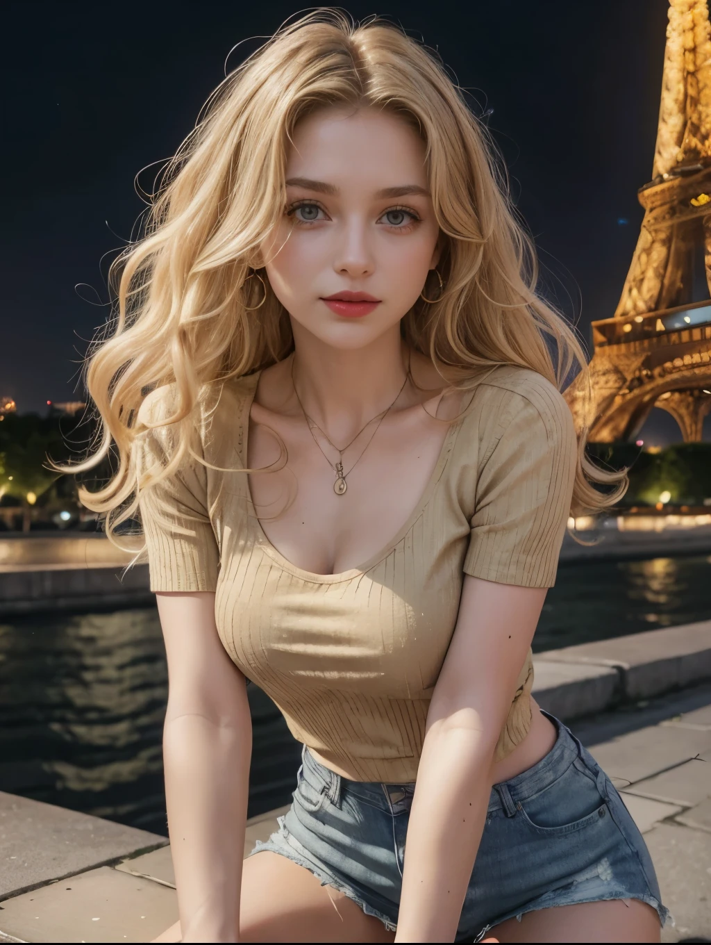 (Caucasian woman), ((blonde hair)), (((curly hair))), ((long hair)), dark rooted hair, (((olive green eyes))), ((lined eyes)), shiny eyes, ((highlights eyes)), ((red lipstick)), ((makeup)), smile, ((athletic body)), small breasts, ((legs)), (((beige top))), (Top with short sleeves), (((denim shorts))), ((Detailed clothing)), ((Textured top)), (earrings), Bracelets, necklace, (standing), The lights of the Eiffel Tower in Paris, Paris Eiffel Tower night view lighting, frontal shot. 
