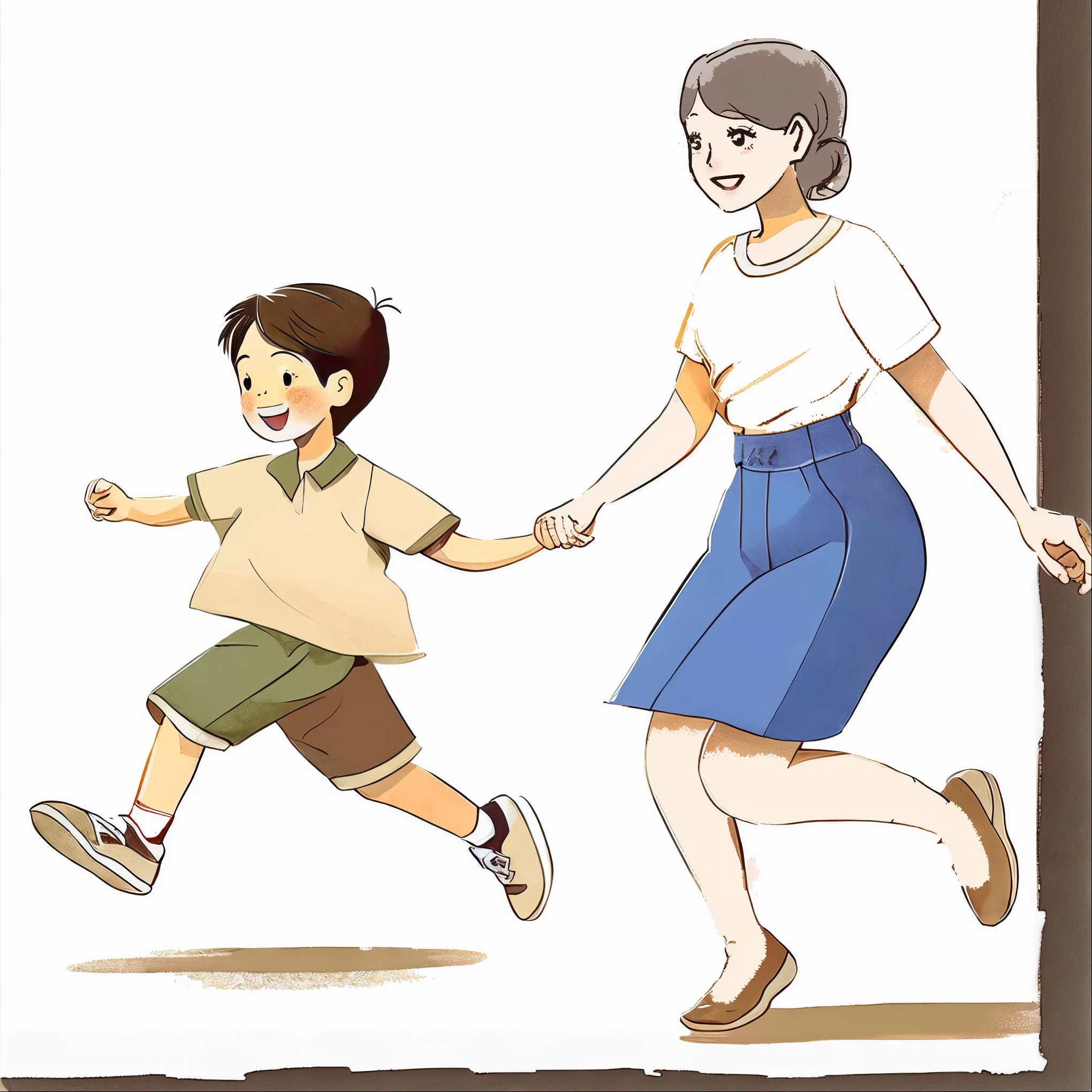 summer、Background is white、A 32-year-old mother and her 6--old 、Hand in hand、Skipping、Children must wear short-sleeved T-shirts、Mom is wearing a white blouse、Smiling and having fun、Camera angle from diagonal side angle、Line with pen、Painted with watercolors