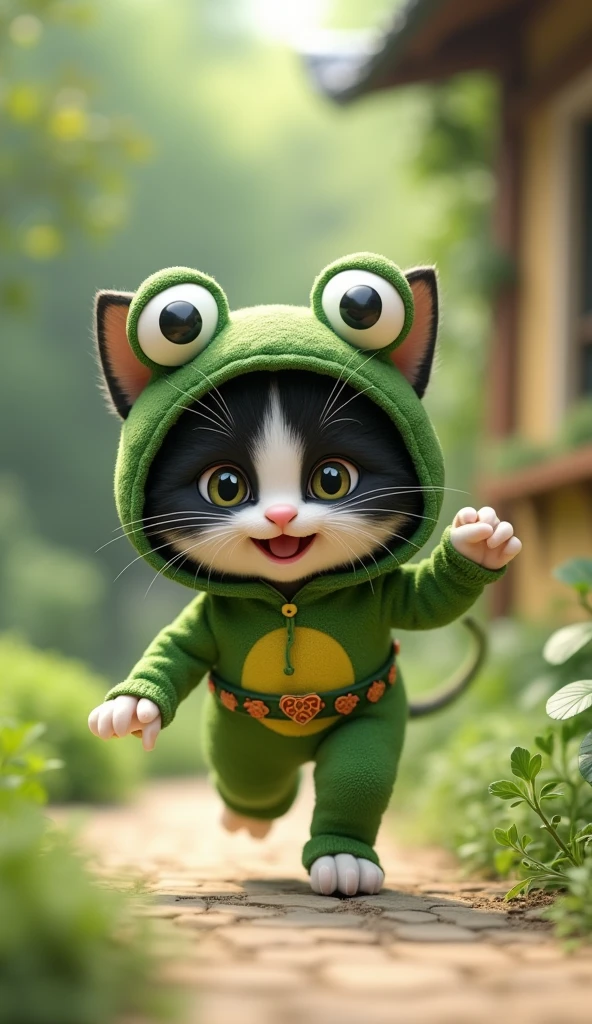 3D cute black and white kitten character、Wearing a happy frog costume、running、House garden、masterpiece, Background Blur, Belt decorated with frogs
