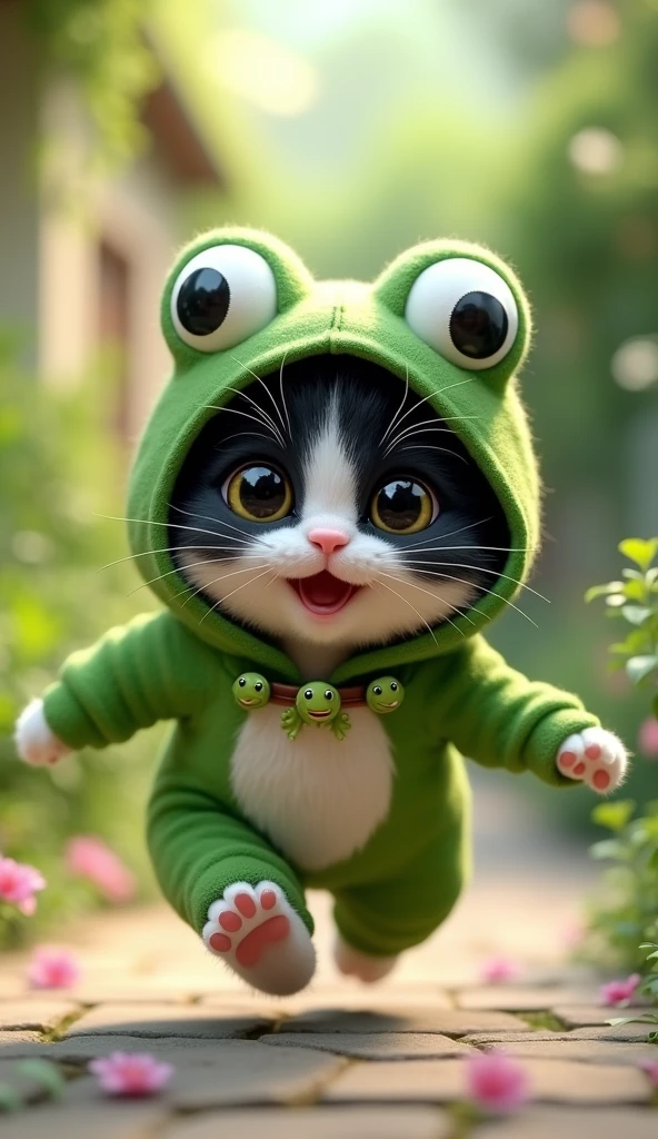 3D cute black and white kitten character、Wearing a happy frog costume、running、House garden、masterpiece, Background Blur, Belt decorated with frogs
