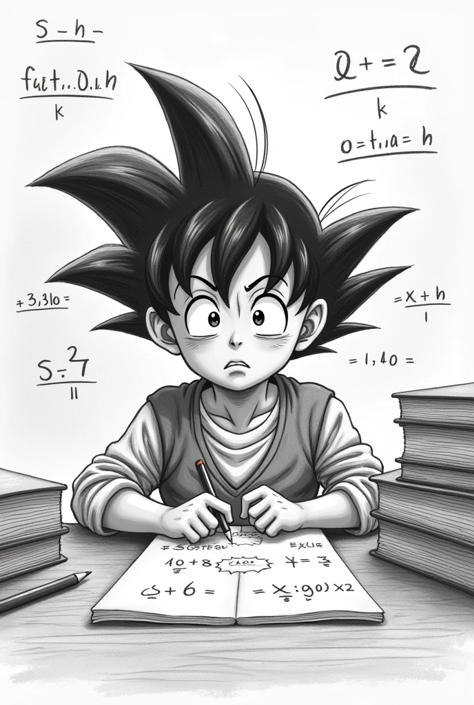 Create a cover page related to the topic "learning problems" that is easy to draw in pencil ,where is this Goku stressed for not learning and with an expression of not being able and distressed in color at school and with a sketch doing equations