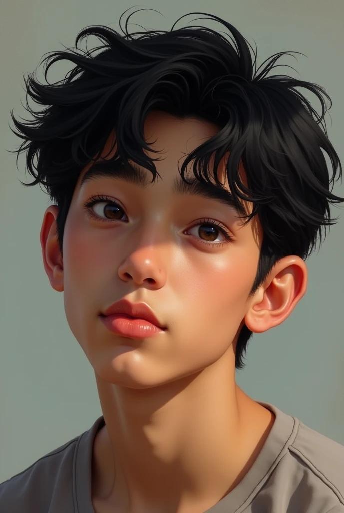 A sixteen year old Brazilian boy, offwhite, blackquality hair, bangs thrown as if they were a bit messy, almost perfect eyebrow, face a little square and full at the same time, mouth with thin, hydrated lips, eyes not so big and hair a little short, his bangs aren't that big and his eyes shine when he thinks about his girlfriend, fully realistic image