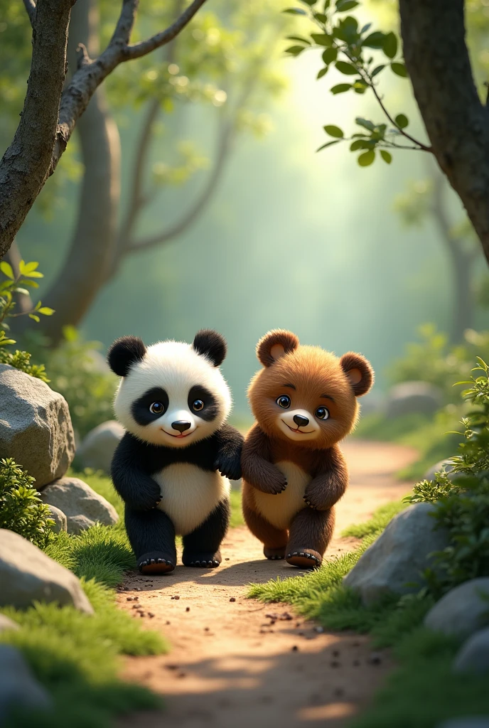 Make a picture where a panda bear and a brown bear both walk along a path of large stones and branches, the two little bears