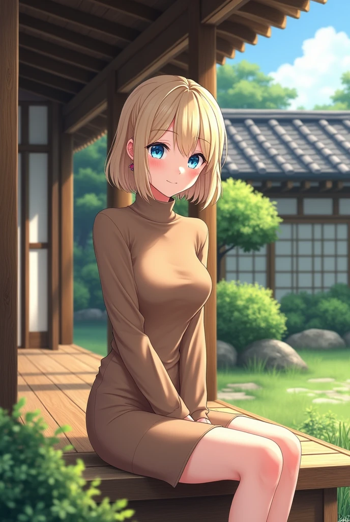 (photorealism:1.2), Anime woman, light blonde, wearing brown turtleneck sweater, wearing pencil skirt, short hairstyle, smiling, blue eyes, grown woman, full body, sitting on the porch, japanese style home, plants in the garden