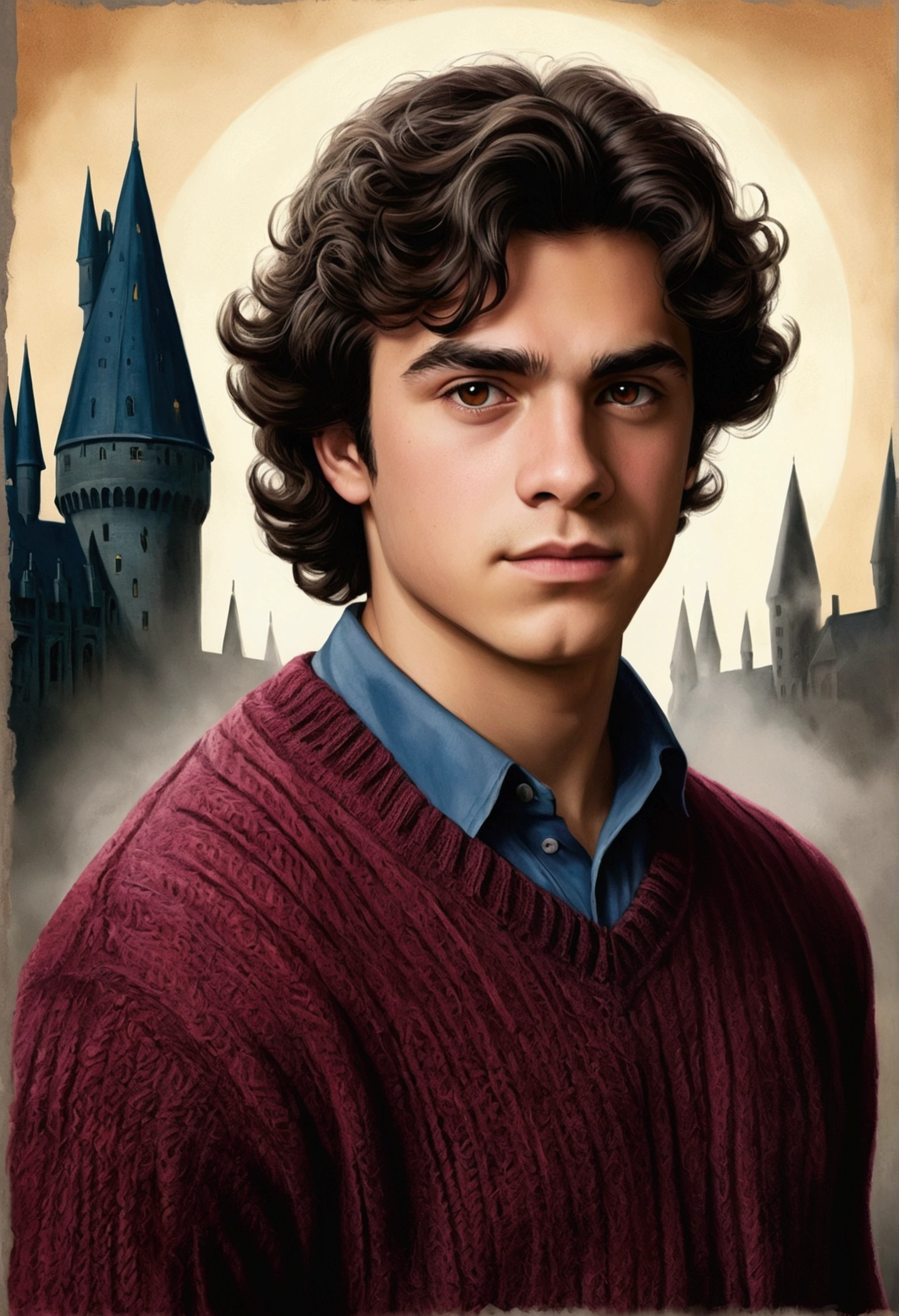 An illustrated movie poster, hand-drawn, full color, a teenage Hogwarts student, 18-years-old, male, wearing a maroon knit sweater and navy blue slacks, brown eyes, brown-black hair, voluminous curly mane, suntan complexion, medium height, broad shoulders, rugged scruffy appearance, lots of body hair, resembles Lou Ferrigno, standing in a misty Hogwarts courtyard, hard shadows, graphite shading, stencil marks, airbrushed acrylic paint, masterpiece, in the style of the Deathly Hallows