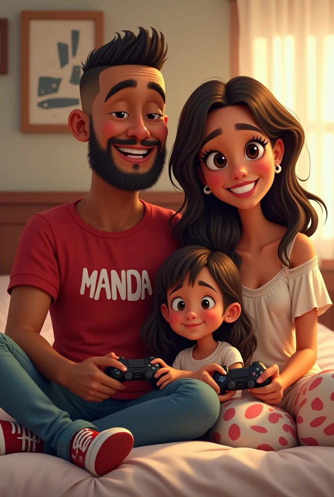 Cartoonrealism:1.2),a father in a red t-shirt written Manda with a flat top hair style, wearing Jordan shoes,beautiful woman, sitting on bed, wearing loose off-shoulder top, pajama pants, long curly hair,a 9 year old daughter holding a PlayStation 5 controller