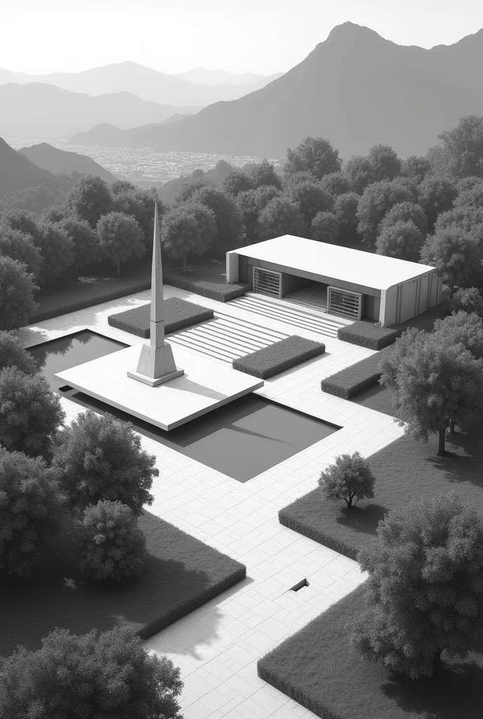 Make a 3d isometry in black and white of the Inflexion Memorial Park in Medellin, Colombia
