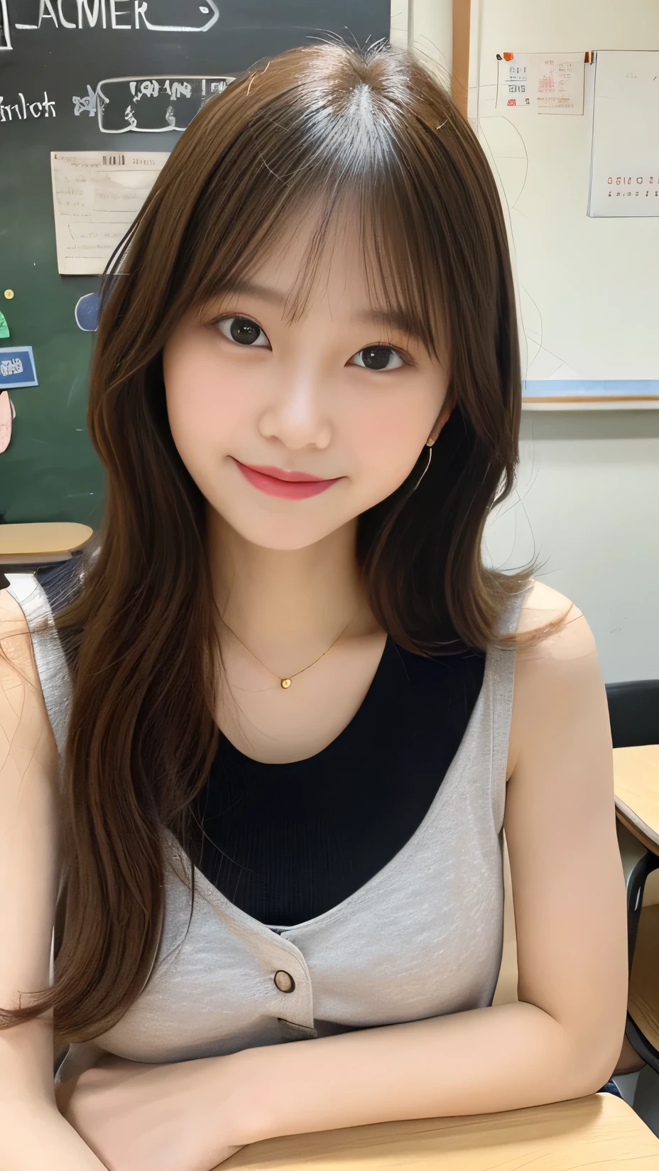 Tabletop、Highest quality, Very detailed、High resolution, 8k wallpaper, Flawless、Small breasts、2、female teacher、student teacher、Sleeveless shirt、Big Eyes、Golden Ratio、Innocent expression、smile、ponytail、Simple Necklace、staff room、School、
