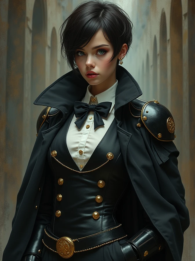 full body shot of one Beautiful woman. dark brown hair, pixie haircut. blue eyes. daring outfit. goth tomboy. maidenly charm.  butler sirt and bowtie under Knightly cyber armor. golden accessories. Napoleonic trenchcoat. Dark sci-fi. Warhammer 40k. Dieselpunk. baroque oil painting.