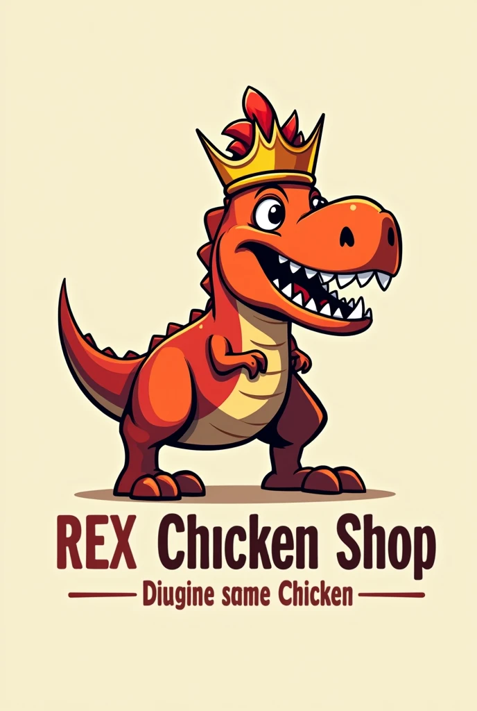 Create me a logo for a chicken shop with the name Rex chicken shop as a representative of this a Rex dinosaur wearing a crown as king of the chickens, If you can, make it like a meme from the Ice Age movie. 
