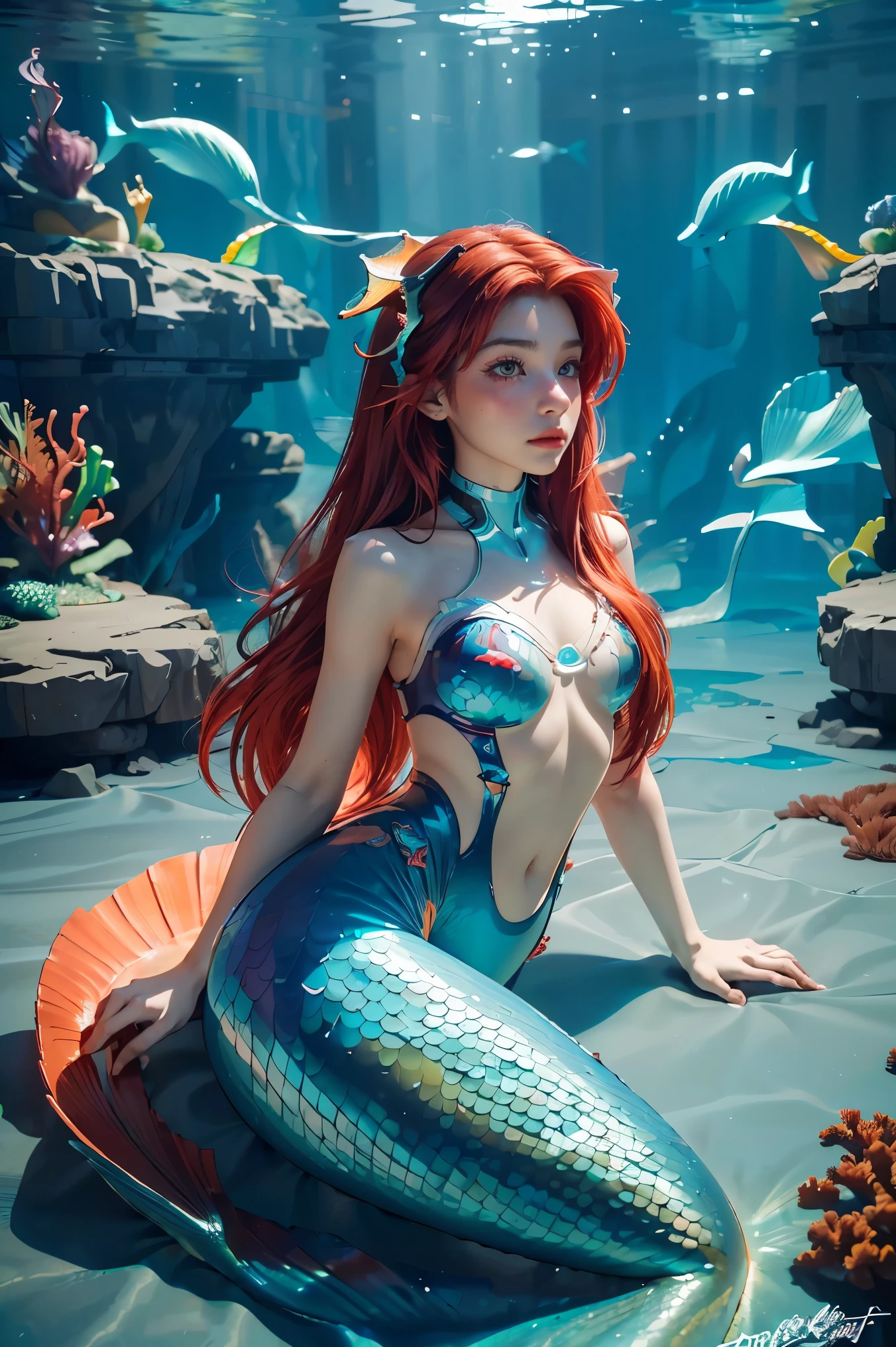 ((masterpiece, best quality, extremely detailed), volumetric lighting, ambient occlusion, colorful, glowing), 1girl, solo, young girl, (red hair), long hair, goddess, cyber suit, (mermaid design:1.3), coral, under the sea, castle, Atlantis, (cyberpunk theme:1.2), (((Little mermaid))). Ariel,
