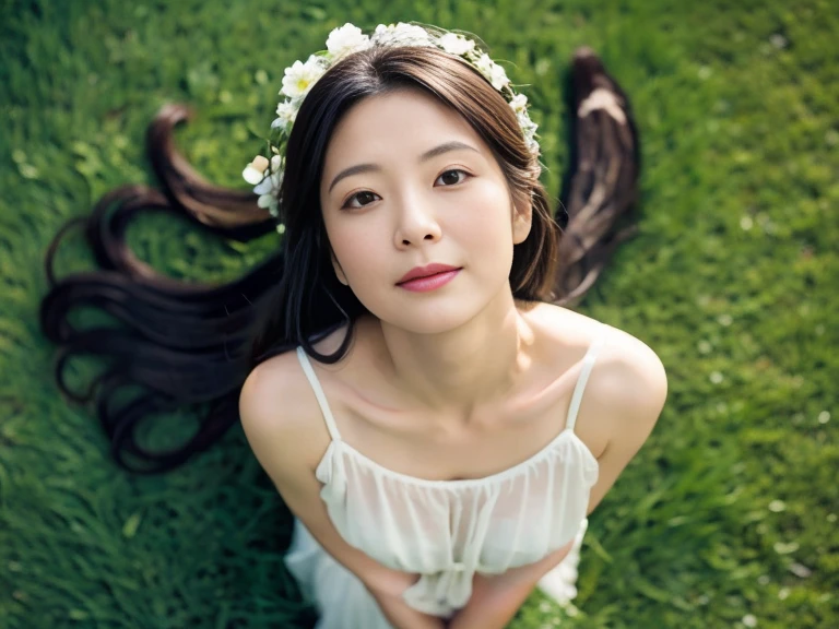 A drone-captured aerial view of a beautiful Japanese woman standing in an open field, looking up towards the sky. The perspective is from directly above, emphasizing the height and distance as the drone hovers high above her. She has a delicate and symmetrical face, with soft features that are clearly visible despite the top-down angle. Her dark, glossy hair is gently tousled by the breeze, and she is wearing a flowing white dress that contrasts elegantly with the lush green grass beneath her. Her serene and curious expression is captured perfectly, as her large, expressive eyes gaze upwards. The sunlight casts soft, natural shadows, enhancing the depth and realism of the scene, while the woman's beauty and grace are evident from this unique aerial perspective.
