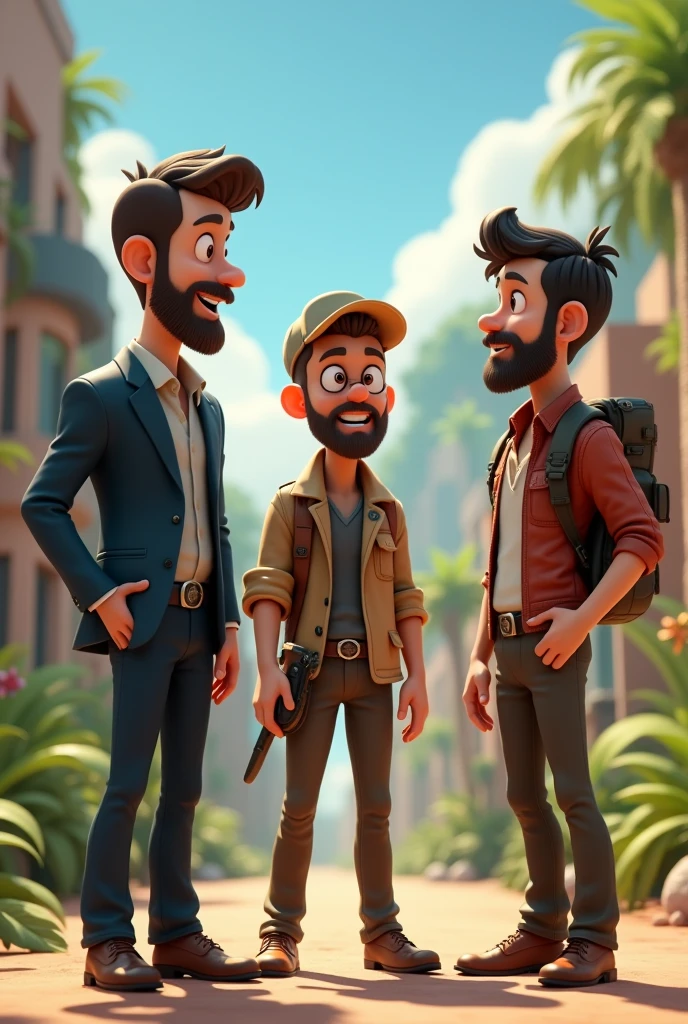 generates an animated image of three men, A BUSINESSMAN, an explorer and a servant 
