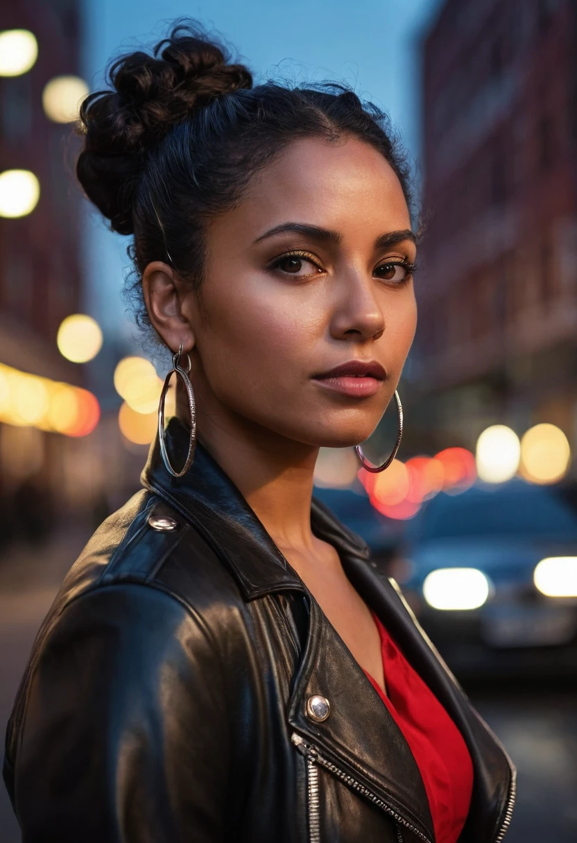 Realistic image of a 35-year-old woman with dark brown skin and black curly hair tied into a sleek bun. Her eyes are deep brown, and she is wearing large hoop earrings. The woman is wearing a black leather jacket over a red blouse, with a confident expression and determined look. She is in an urban environment at dusk, with neon lights reflecting on her face and a light breeze moving some strands of her hair. The scene should include details like the textures of the leather, the shine of the skin, and the reflections of the surrounding lights to create a vivid, immersive image. The background can have modern buildings and cars passing by, to reinforce the urban atmosphere."
This variation explores an urban environment and a more modern, confident style, focusing on contrasts of light and textures to accentuate realism.