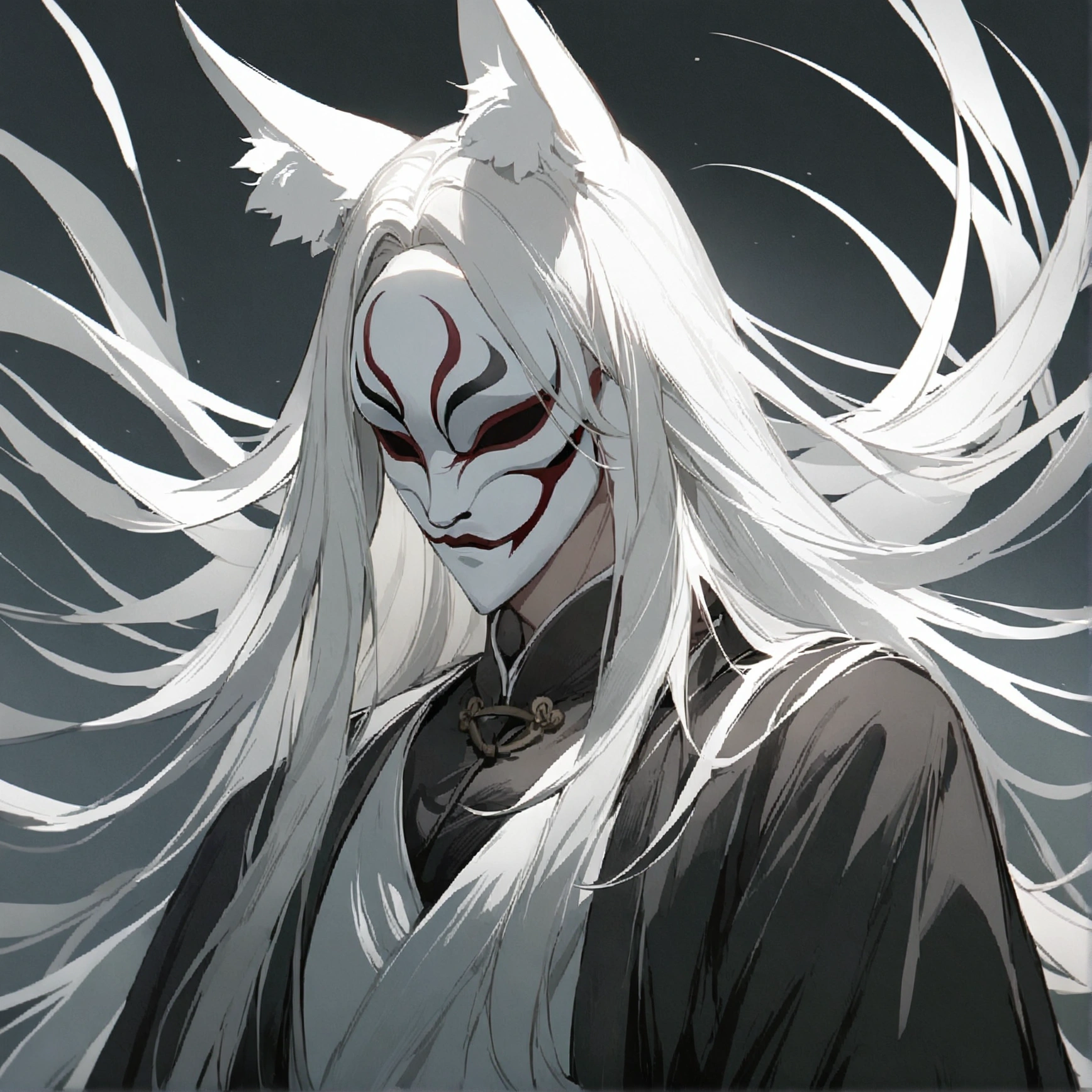 anime character with white hair and a white mask with long white hair, onmyoji portrait, white fox anime, onmyoji detailed art, with kitsune mask, vampire white fox, onmyoji, white haired deity, white - haired fox, kitsune mask, kitsune mask on head, beautiful male god of death, kitsune, nine tails