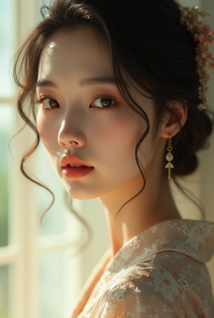An elegantly dressed Japanese woman in natural light、A close-up of her chest and calm expression.、It shows her inner peace and outer charm.。