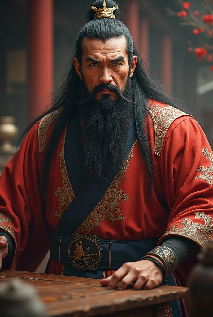 long black hair, Ancient Chinese clothes, midle age man, muscular, Big man