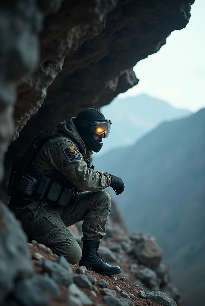 Army man spying on another country with thermal glasses while hiding under a rock