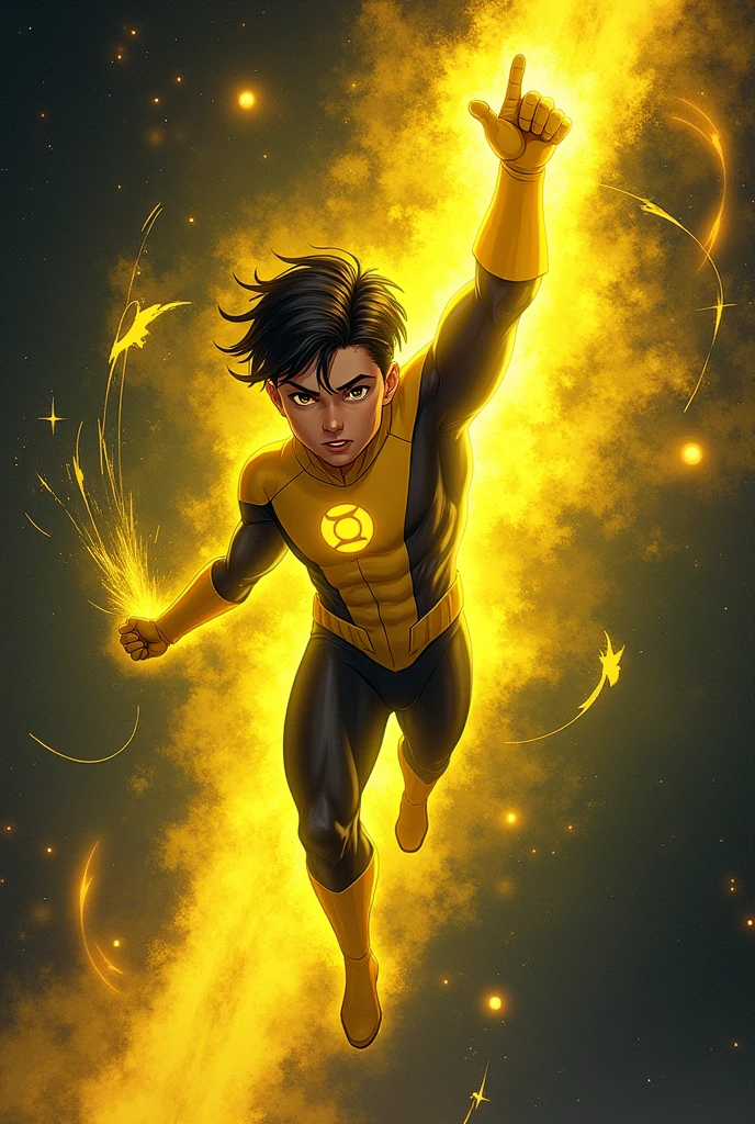 1boy, yellow lantern, dc comics, black hair, yellow eyes, flying in the space, yellow energy