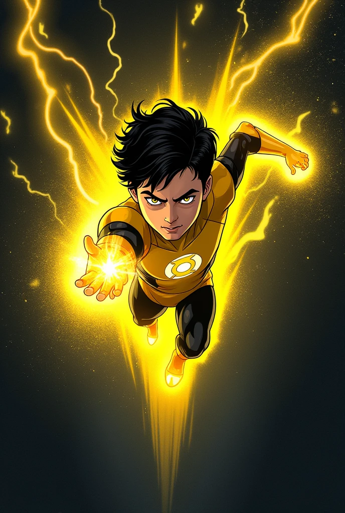 1boy, yellow lantern, dc comics, black hair, yellow eyes, flying in the space, yellow energy 