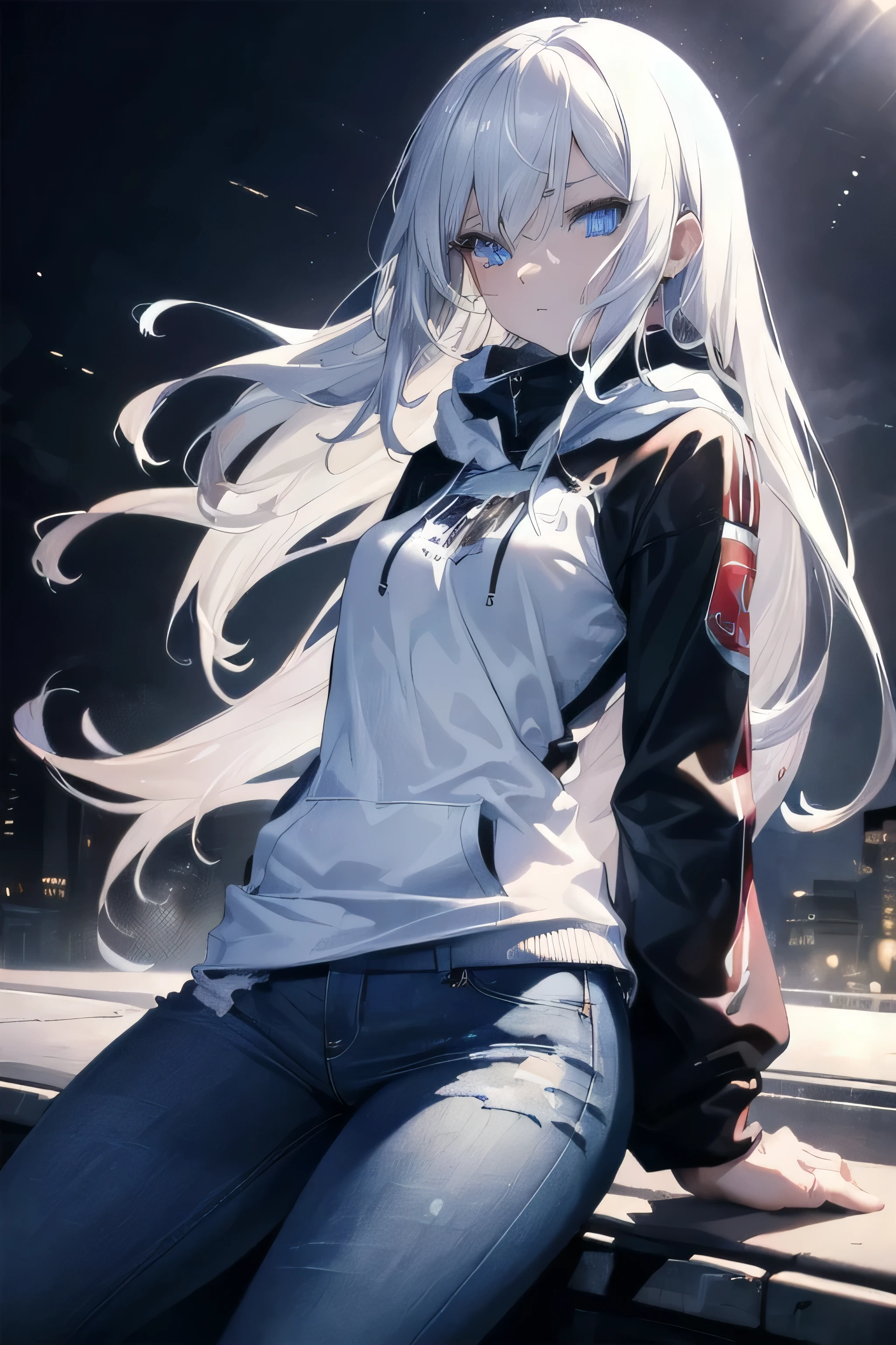 ((masterpiece)), ((best quality)), ((best illustration)), ((ultra-detailed)),((photorealistic color)), 1 lady, solo, ager, absurdly long hair, white hair, straight hair, ((blue eyes)), ((ultra detailed eyes)), ((ultra detailed face)), gloomy, hoodie, jeans, thin body, thin arms, long arms, urban, night, leaning on motorcycle, backlight