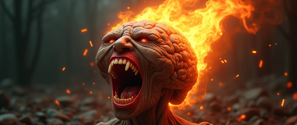 a brain with a screaming face. the brain is on fire. (hyper realistic)