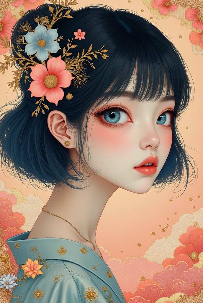(Japanese girl:1.3), beautiful detailed eyes, beautiful detailed lips, extremely detailed gold eyes and face, long eyelashes, upper body, from side, looking at viewer, (fractal art:1.3), (rainbow color hair, colorful hair, half blue and half pink hair:1.2), water, liquid, cloud, colorful, starry, stars, (best quality, 4k, 8k, highres, masterpiece:1.2), ultra-detailed, (realistic, photorealistic, photo-realistic:1.37), vibrant colors, studio lighting, extremely detailed description, professional, concept art, surreal, 1920s french vibe, monochromatic gold and pink palette, in the style of french illustrator moebius, gold elements, (Chinese illustration:1.3,Paper Art:1.3, キルティングPaper Art:1.2),( Streamlined Design, Clear lines, High sharpness,Better Quality, Very detailed, Master Parts, Film Light Effect, 4K ) Illustration design, porcelain doll skin, beautiful detailed gold eyes, beautiful detailed lips, extremely detailed gold eyes and face, long eyelashes, upper body, from side, looking at viewer, (fractal art:1.3), (pink hair:1.2), water, liquid, cloud, colorful, starry, stars, (best quality, 4k, 8k, highres, masterpiece:1.2), ultra-detailed, (realistic, photorealistic, photo-realistic:1.37), vibrant colors, studio lighting, extremely detailed description, professional, concept art, surreal, 1920s french vibe, monochromatic gold and pink palette, in the style of french illustrator moebius, gold elements,
Preparing