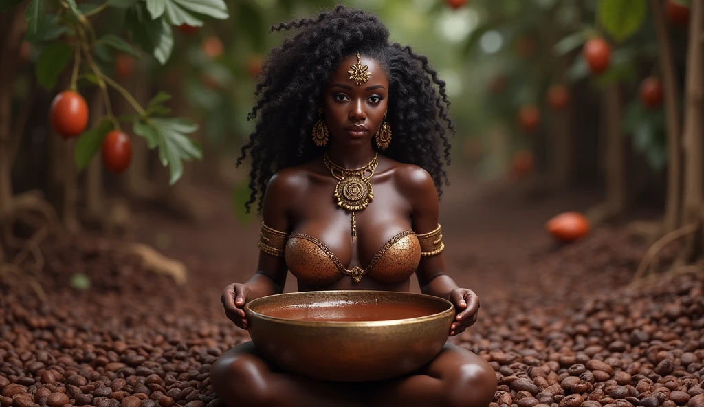 Mayan goddess IXCACAO holding a bronze bowl with melted cocoa inside,  dark-skinned goddess with full breasts resembling the cocoa fruit, chocolate goddess, of fertility, of abundance and agriculture. in the background cocoa beans and melted cocoa