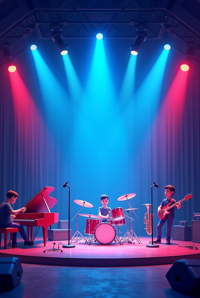 Blue musical stage with lights and musical instruments in animation style 
