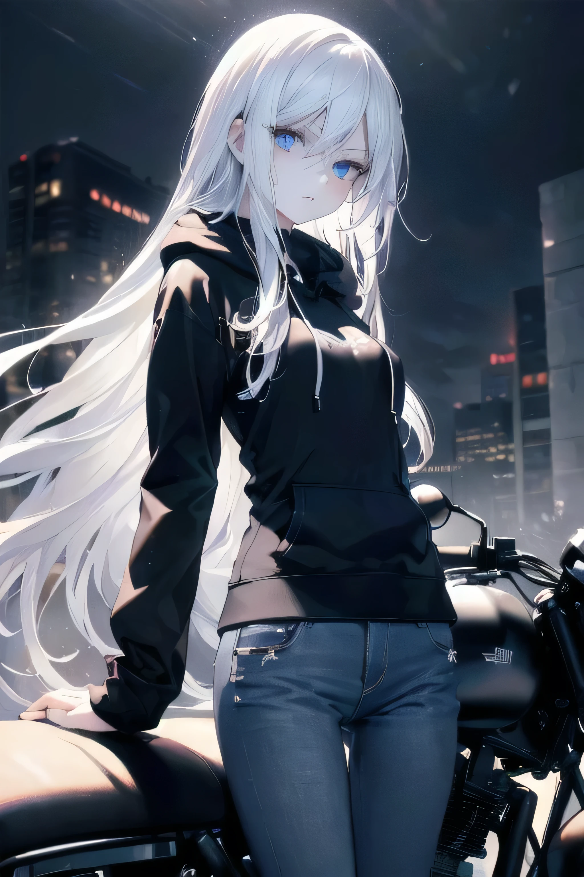 ((masterpiece)), ((best quality)), ((best illustration)), ((ultra-detailed)),((photorealistic color)), 1 lady, solo, teenager, absurdly long hair, white hair, straight hair, ((blue eyes)), ((ultra detailed eyes)), ((ultra detailed face)), gloomy, hoodie, jeans, thin body, thin arms, long arms, urban, night, leaning on motorcycle, backlight