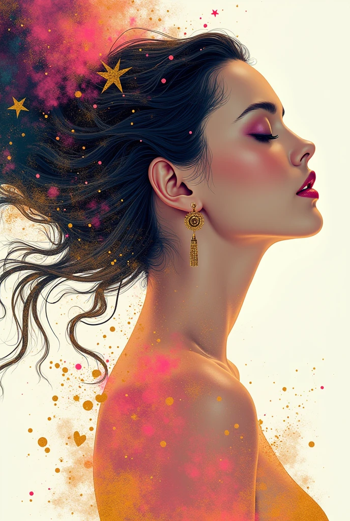 (White background:1.4),(scarlett johansson, head silhouette, Eyes closed, Long colored hair, Oriental elements)，(Chinese illustration:1.3，Paper Art:1.3, キルティングPaper Art:1.2),( Streamlined Design, Clear lines, High sharpness,Better Quality, Very detailed, Master Parts, Film Light Effect, 4K ) Illustration design, porcelain doll skin, beautiful detailed eyes, beautiful detailed lips, extremely detailed gold eyes and face, long eyelashes, upper body, from side, looking at viewer, (fractal art:1.3), (pink hair:1.2), water, liquid, cloud, colorful, starry, stars, (best quality, 4k, 8k, highres, masterpiece:1.2), ultra-detailed, (realistic, photorealistic, photo-realistic:1.37), vibrant colors, studio lighting, extremely detailed description, professional, concept art, surreal, 1920s french vibe, monochromatic gold and pink palette, in the style of french illustrator moebius, gold elements,