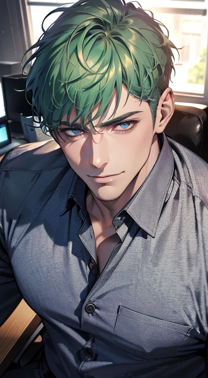 (best quality,4k,8k,highres,masterpiece:1.2),ultra-detailed,(realistic,photorealistic,photo-realistic:1.37),1 man,3,mature man,very handsome,without expression,smile,short green hair,blue eyes,penetrating gaze,perfect face without errors,imposing posture,businessman,office background,cinematic lighting,hdr image