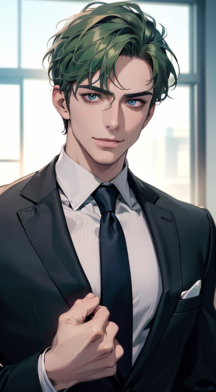 (best quality,4k,8k,highres,masterpiece:1.2),ultra-detailed,(realistic,photorealistic,photo-realistic:1.37),1 man,3,mature man,very handsome,without expression,smile,short green hair,blue eyes,penetrating gaze,perfect face without errors,imposing posture,businessman,office background,cinematic lighting,hdr image
