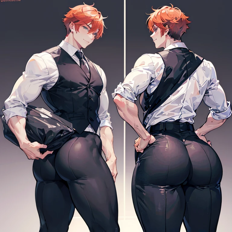 One Man, muscular, jocks, athletic, ginger, wearing suit vest clothes, big butt, huge ass, comically massive ass, bubblebutt, thick, thicc, thick ass, thick legs, thick thighs, huge butt cheeks, ass huge, showing butt to camera, smiling, looking back at camera, big booty, man booty, men with huge butts, men in suit vest clothes, showing off ass, absolutely massive butt, enormous ass cheeks in suit vest pants, full ass, wide ass, round ass, tight suit vest  pants, abnormally huge butt, unrealistically massive ass, Giant butt cheeks, giant butt, giant ass, dark dress pants, button down shirt, men, bodyguard, suit vest black, gay, fight some thiefs, suit vest black, night, naked, alone, shift night, man or boy, no girls
