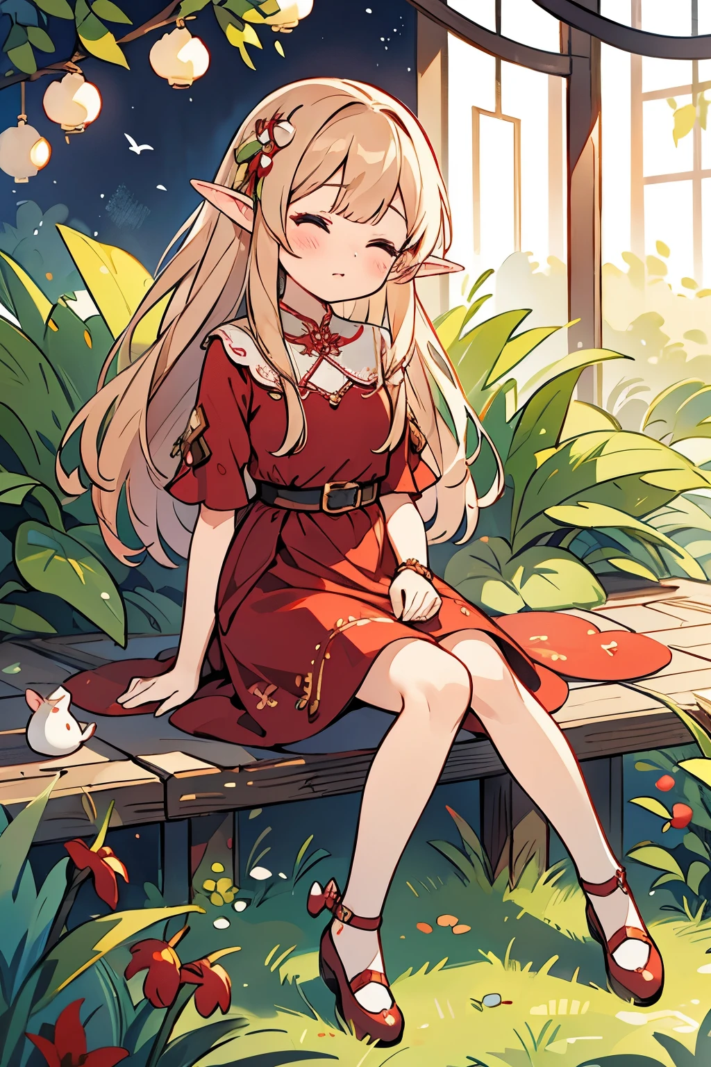 Photorealistic、(Red dress、Elf、sleepy、Mouth slightly open、hair ornaments、Sitting、Cute Shoes)、Lily of the valley hill、night