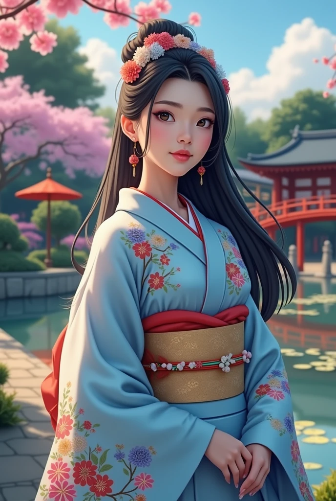 (masterpiece、Highest quality、8k、High resolution)、Traditional Japanese beauty in kimono、(The best girl in anime)、Floral pattern on white background、Vibrant colors、Japanese garden、There is a pond、Colorful flowers、Vibrant colors、Cherry Blossom、There is a drum bridge、A complete portrayal、Detailed anime art、