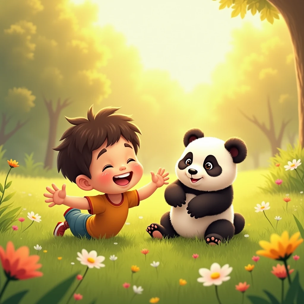 Leo and Bamboo playing together**:
- A cheerful scene in a grassy field on a sunny day. The boy and the baby panda are playing together, with the panda rolling around playfully in the grass while the boy laughs, lying on his back with his arms outstretched. Flowers dot the field, and there’s a sense of joy and lightheartedness in the air.