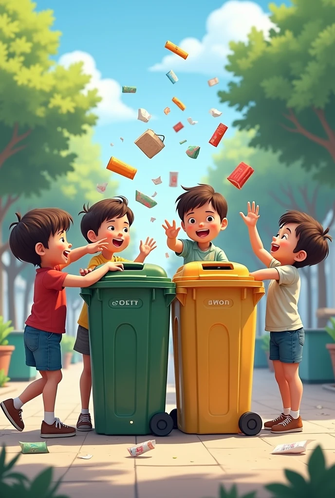 4 trash cans with 4 children throwing trash into them