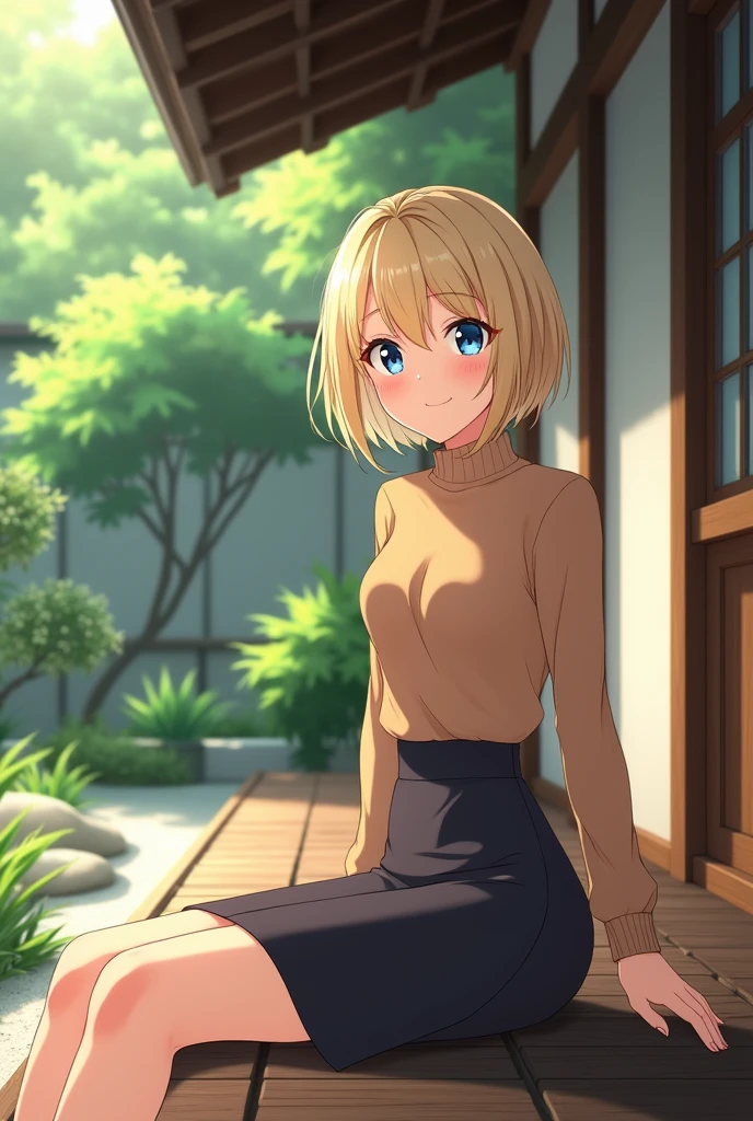 (photorealism:1.2), adult Anime woman, light blonde hair, wearing brown turtleneck sweater, wearing pencil skirt, short hairstyle, smiling, blue eyes, grown woman, sitting on the porch, japanese style home, plants in the garden