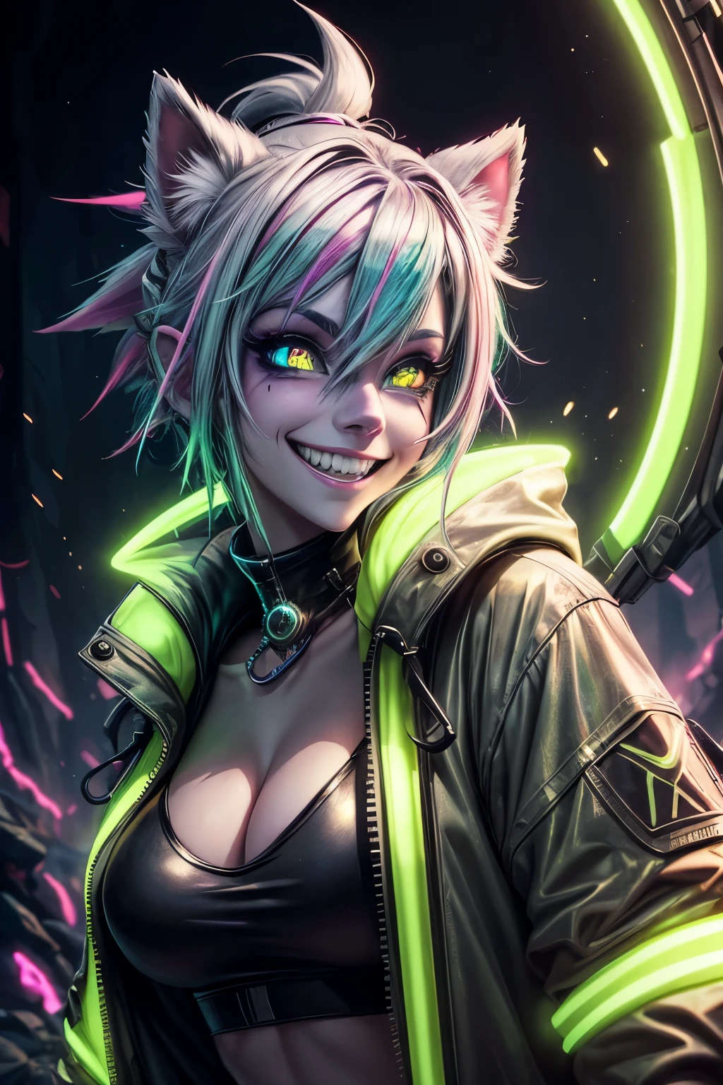 Masterpiece, 4K,8HD,artstation,best qualityer,soft lighting,8k,perfection,wasteland,midday,female dog,neon hair,radioactive,neon coat,happy,Playful,glowing white eyes,Grinning,sharped teeth,monster claws,alone,fancy,animated cartoon,fairy tale,,pokemon style